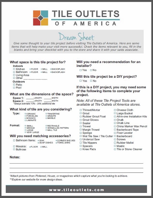 Download the Dream Sheet to help you plan your tile installation project.